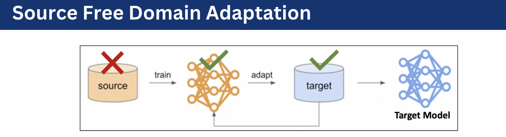 Source-free domain adaptation diagram showing adaptation from source model to target model
